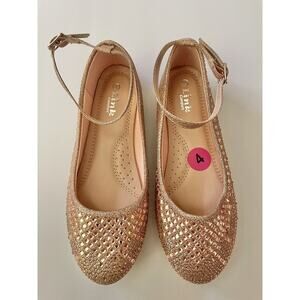 Link Comfort Rose Gold Sparkle Bejeweled Ankle Strap Ballet Flat Shoes Size 4